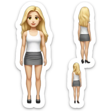 hyperrealist caucasian long blonde haired brown eyed woman white tank top gray tight mini skirt black high heel shoes full body sticker