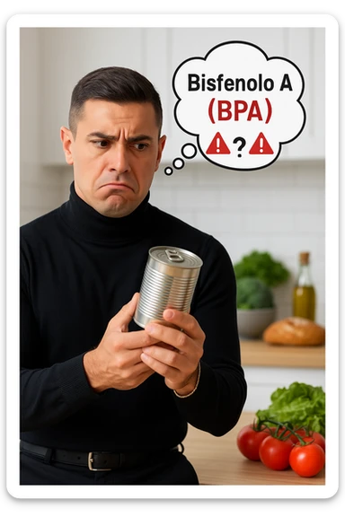 un uomo in cucina tiene in mano una lattina di cibo in scatola, osservandola con un’espressione preoccupata e scettica. Sopra la lattina, una nuvoletta di pensiero mostra la scritta “Bisfenolo A (BPA)” evidenziata in rosso, insieme a simboli di allarme o un punto interrogativo. Sullo sfondo, alimenti freschi e naturali sono visibili sul tavolo, sottolineando la sua preferenza per alternative più sane. sticker