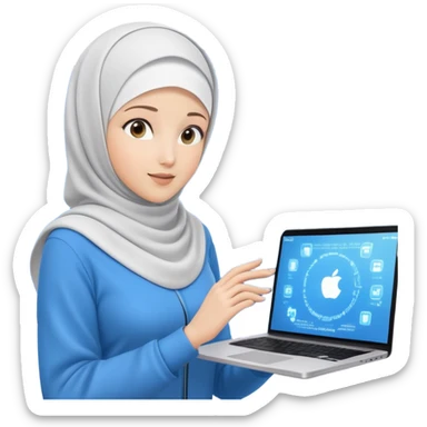 computer engineer with white hijab wearing blue outfit, no glasses, presenting her metaverse creation with a large digital screen behind her displaying virtual worlds and code, laptop open in front of her showing programming interface sticker
