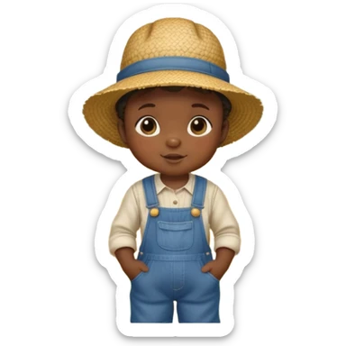 African baby in vintage countryside clothes, overalls, straw hat, chubby cheeks, rural farm setting sticker