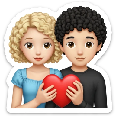 a teenage couple with a blonde girl with curls and a boy with black and short curly hair, with s heart sticker