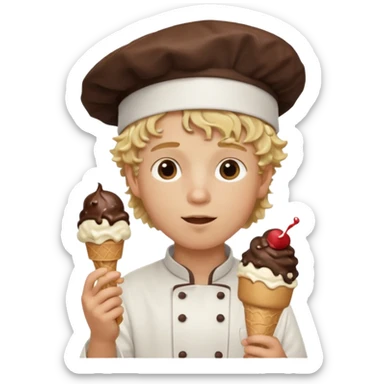 boy blonde curly hair, chef, eating big chocolate ice cream sticker