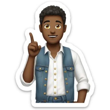 boy pointing to the sky, wearing blue jeans overals and white shirt, half body sticker