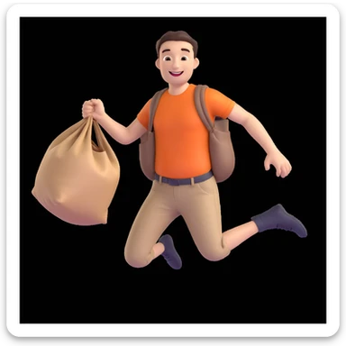 3D style man in mid-jump during a sack race, holding the sack tightly with both hands, smiling, white background sticker