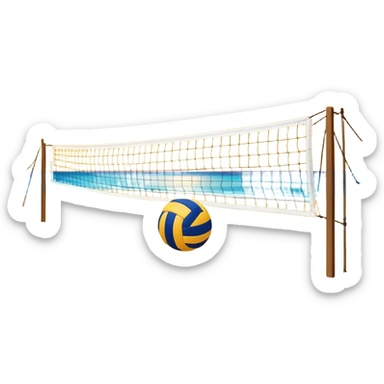 A volleyball resting on the yellow sand on a beach, with the net in the background and a scenic view of the ocean and sky. The scene captures the relaxed yet competitive vibe of beach volleyball, with warm sunlight and the natural beauty of the beach. sticker