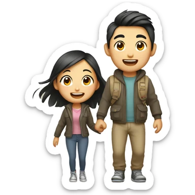 Cute young  Asian couple excitedly traveling  sticker