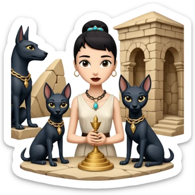 Kindly mannered real Audrey Hepburn cleopatra Protecting silky black-haired tiny chained-slave-adorned statuette scale feral evil-eyed Anubis dessert scenery stone-age cracked irregular dwelling  sticker
