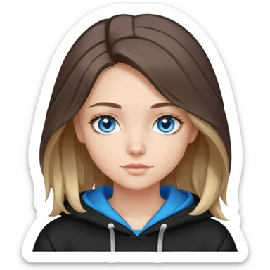 girl with blue eyes, shoulder-length hair with balayage highlights, wearing a black hoodie sticker