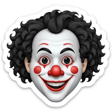 generate white clown mask emoji with a big curly black hair 

wide black coloured smile, no red nose but instead long and pointy white nose with no nostrils, pitch black eyes, no brows sticker