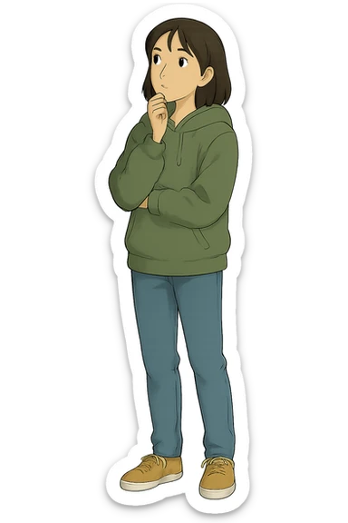 A full body image of a modern calm female teenager in a hoodie and jeans thinking sticker