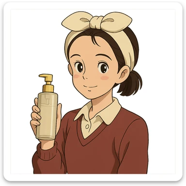 preppy girl with a towel headband, holding skincare bottle sticker