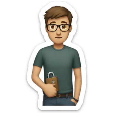 brown-short-haired man with glasses, struggling to fit a key into a lock door sticker
