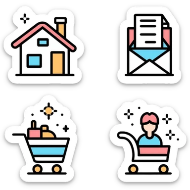website navigation icons with home, mail, shopping cart, user profile, and settings sticker