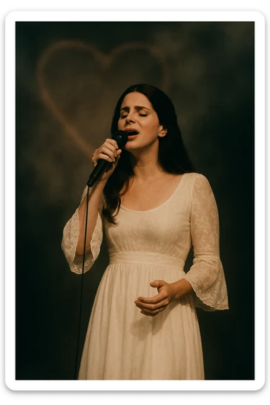 Lana Del Rey on stage in a white dress, microphone in hand, singing with emotion, faint heart-shaped box imagery in the background, cinematic and atmospheric style sticker