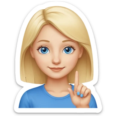 a blond girl with blue eyes putting a finger on the tip of the nose sticker