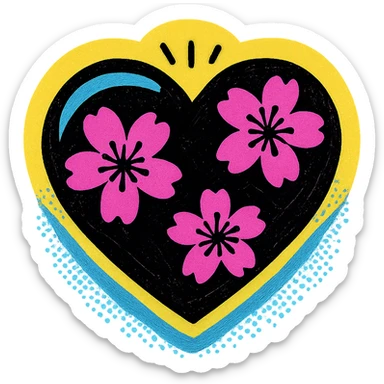 goth sakura heart, pop art style, black heart with bright pink sakura, halftone dots, bold and graphic sticker