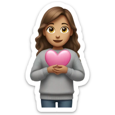 A girl with brown hair in a gray sweater holds a pink heart in her hands sticker