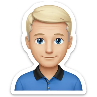 Avatar pic male gray hair blue eyes clean shaven blonde eyebrows high cheekbones sly smile long eyelashes wearing a black golf shirt sticker