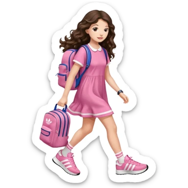 aestethic brunette very,very,very long wavy hair walking with a school backpack, with a cute pink dress, adidas samba shoes sticker