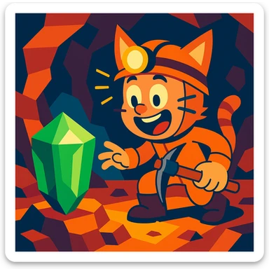 A miner wearing a cat costume, amazed by a huge emerald at y -255, fun and adventurous atmosphere. sticker