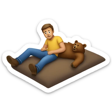A man lying flat on the ground with a bear sitting on top of him sticker