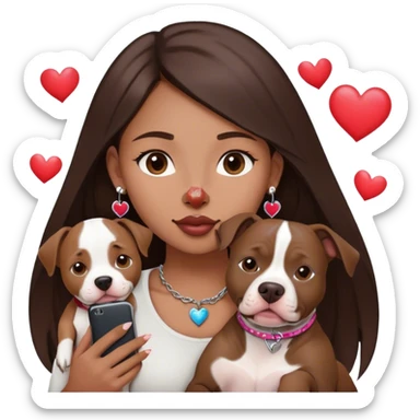 Young girl was long, dark brown hair sits with her dog who is a pretty girl pitbull with her cell phone in her hand in a small septum ring in her nose was hearts flying all around her sticker