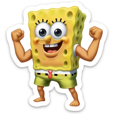 Create a sticker of SpongeBob pulling out muscles on the beach sweating and doing strength sticker