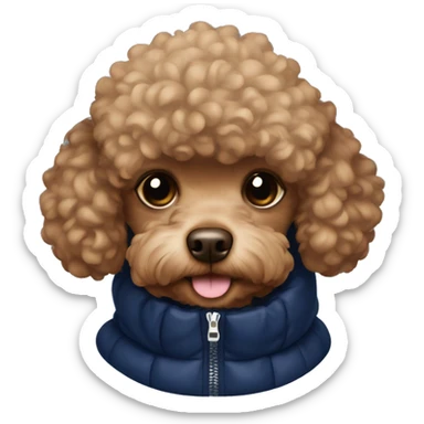 Brown toy poodle wearing a navy blue puffer jacket  sticker