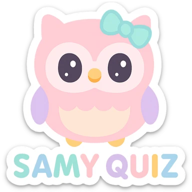 owl with bow and text 'SAMY QUIZ' in the same color palette as the reference image, kawaii style sticker