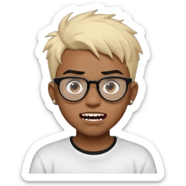 Black Male Teenager with Short punk messy blonde hair, Dark brown bushy eyebrows large expressive golden-brown eyes, wearing a plain white t-shirt, wearing thick black glasses, Dark Brown skin color. Showing off his vampire tooth sticker