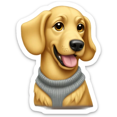 Golden dog with a sweater that says “moose” sticker