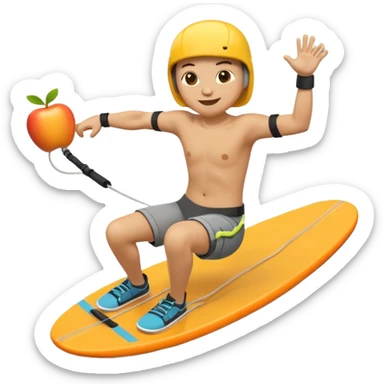 "Apple 3D emoji-style character wakeboarding mid-jump, with arms extended holding an orange rope, legs slightly bent on a yellow board. Stylized water splash behind. Emoji face, rounded body, bright and clean Apple shading. sticker