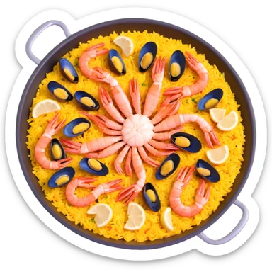 traditional Spanish seafood paella with shrimp, clams, mussels, saffron rice in a paella pan sticker