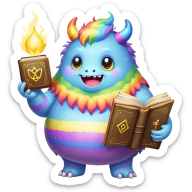 Kawaii derpy fat rainbow monster with magic spell book, rich textures, visually rich, so lifelike that it feels like it could leap off the page at any moment sticker