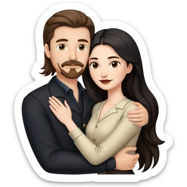 tall white man with brown hair goatee mustache hugging a pale woman with long black hair, wearing elegant clothing sticker