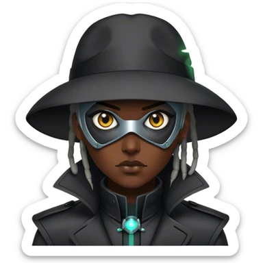 A dystopian bounty hunter, black trench coat, cybernetic eye glowing sticker
