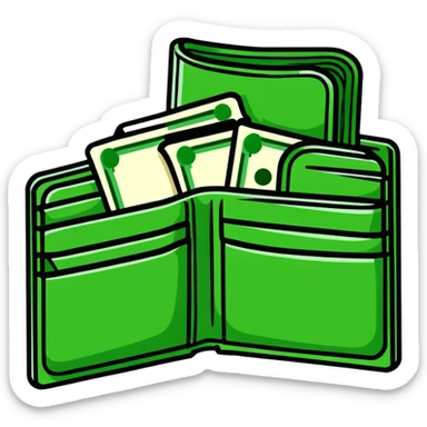 sleek black wallet open with dollar bills visible inside sticker