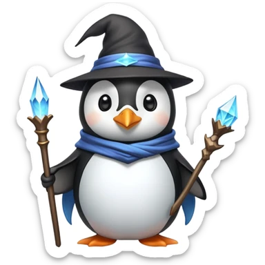 cute penguin wizard with a magical staff and a pointy hat sticker