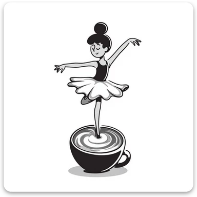 Elegant ballerina dancer formed from cappuccino foam art, pirouetting on top of coffee sticker