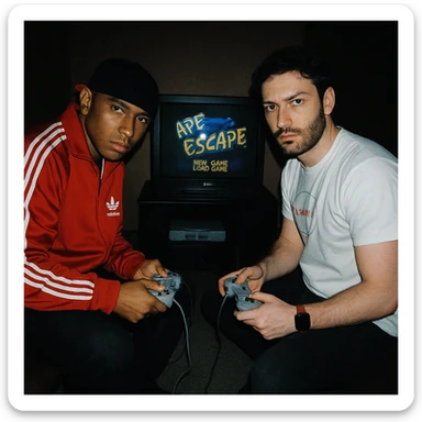 Create a 90s analog photo featuring a famous rapper (not recognizable) and the boy from the reference photo sitting in front of a CRT TV with Ape Escape on Playstation 1. The room is dark, both hold controllers, and they look at the camera with flash, creating a grunge atmosphere. sticker