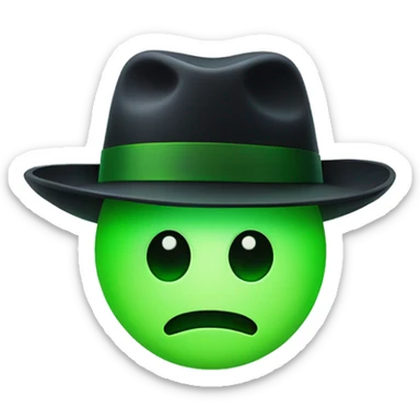 flushed emoji with a green glowing face, wearing a black fedora hat sticker
