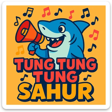 smiling shark with a megaphone, musical notes floating, 'tung tung tung sahur' in bold, cartoon style sticker