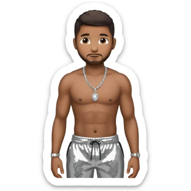 Usher with dark brown hair, black sequin baggy pants, shirtless with necklace sticker