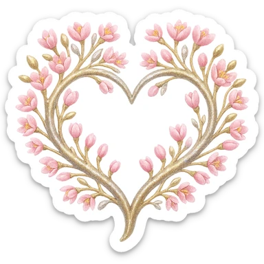 Add a shimmer effect to the gold and silver details on the heart entwined with sakura branches in the style of apple emojis, no background. sticker