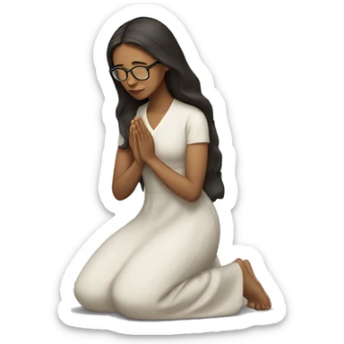 A woman kneeling praying, in a long dress, long dark brown hair and glasses sticker