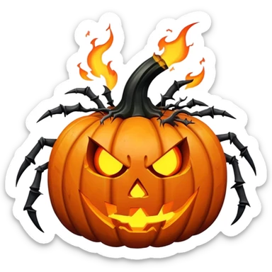 a scary metal pumpkin with poisonous shards with claws and a dangerous face, emiting fire from its ears and hands sticker