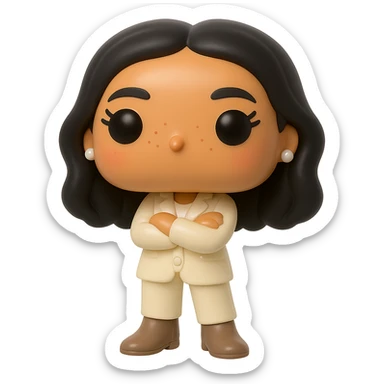 Enhance the vinyl figure in Funko Pop style with superior quality, luminous smooth tanned skin, detailed dark hair, textured feminine cream suit (jacket and pants), small pearly earrings, greige leather boots clearly visible, arms crossed, rosy cheeks, very discreet freckles, eyelashes, mischievous and cheerful expression, no mouth, transparent background. sticker