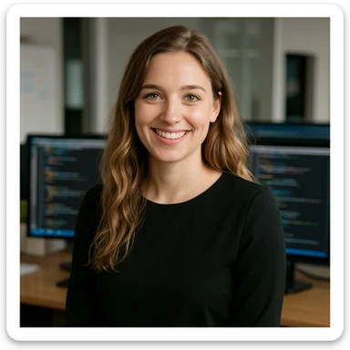European woman with dark blonde, long beach wavy hair, green eyes, smiling, wearing a black long-sleeved blouse, no chain, no glasses, business setting, software developer, teaching behavior sticker