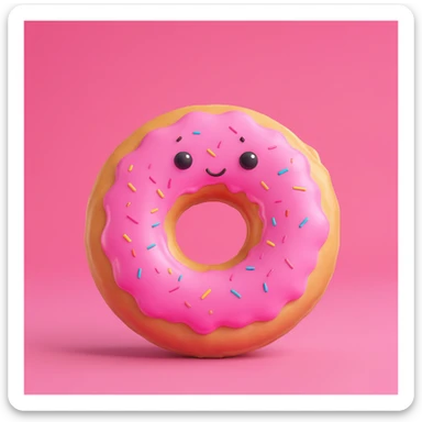 Create an emoji of this donut character with a surprised expression, 3D cartoon style, pink background. sticker