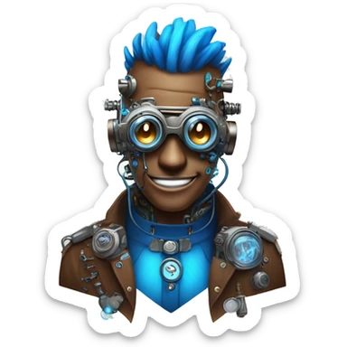 Brown cyborg head with blue Mohawk, blue beard, silver steampunk monocle goggles a smile and circuits sticker